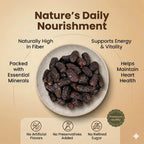 Plate of dates with health benefits text on a beige background