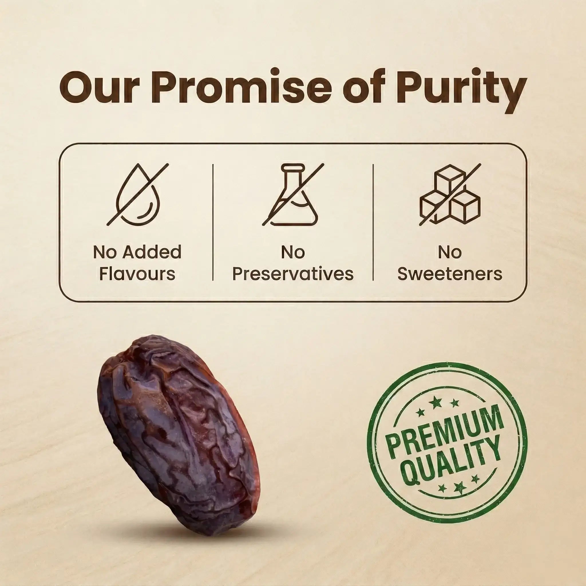 Date with 'Our Promise of Purity' text and icons on a beige background