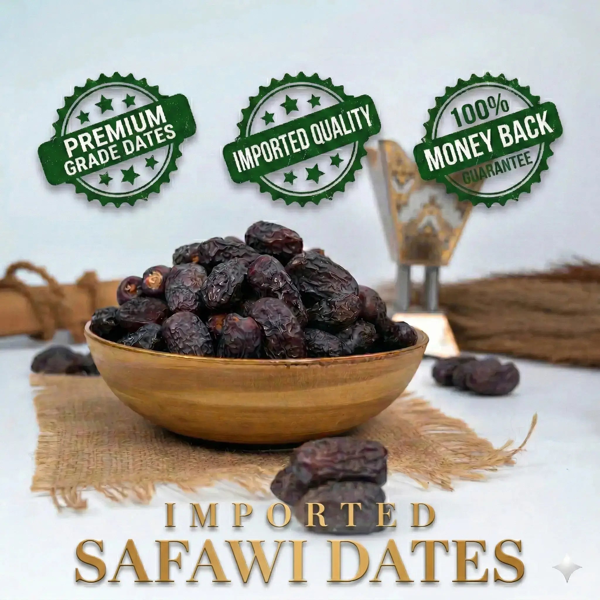 Bowl of imported Safawi dates with quality assurance stamps on a light background